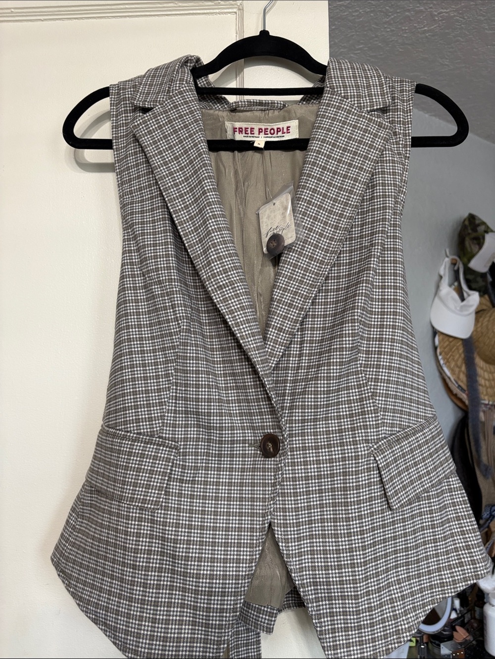 Free People Gray Plaid Sleeveless Blazer Vest